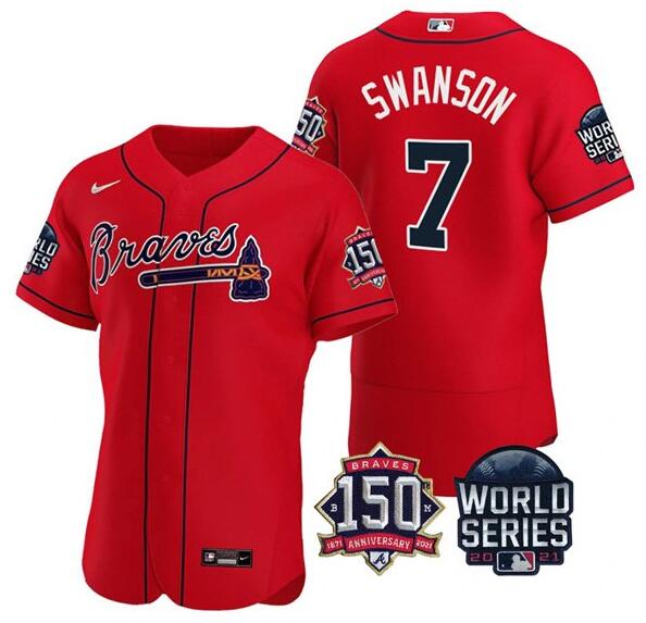 Men's Atlanta Braves #7 Dansby Swanson 2021 Red World Series With 150th Anniversary Patch Stitched Baseball Jersey